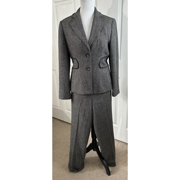Larry Levine Pant Suit 2 Piece Set Size 8 Brown Tweed 2 Button Blazer Cuff Pant - Picture 1 of 9